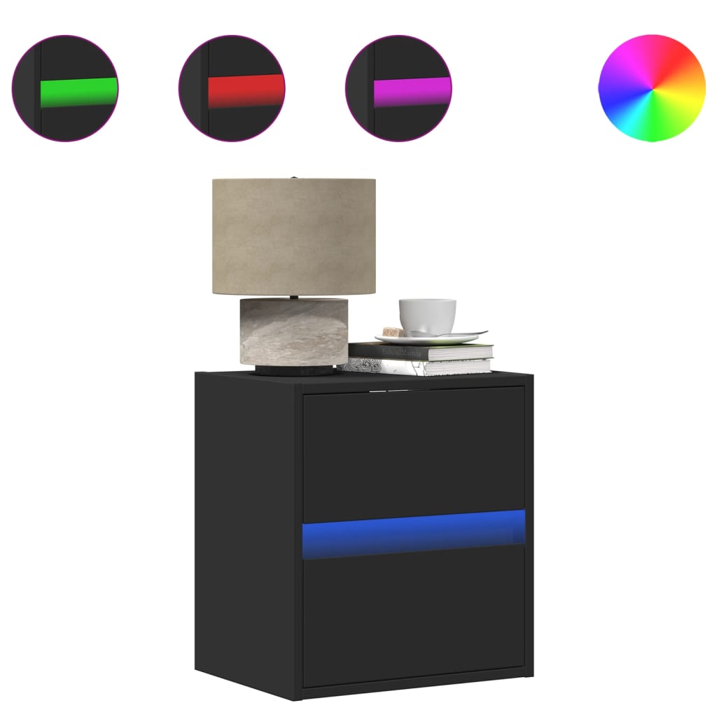 væghængte sengeborde 2 stk. med LED-lys sort