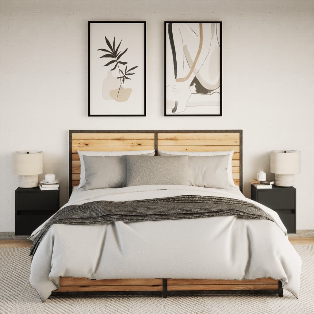 væghængte sengeborde 2 stk. med LED-lys sort