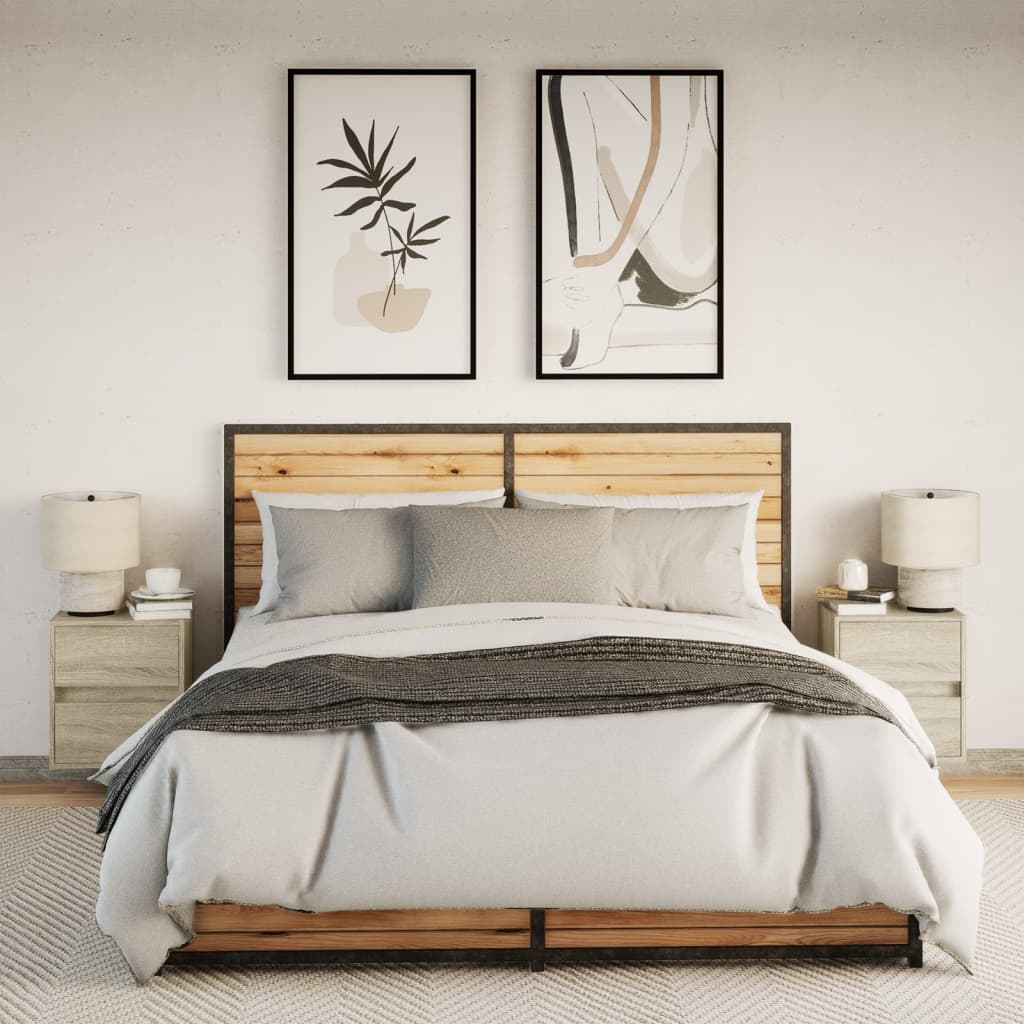 væghængte sengeborde 2 stk. med LED-lys sonoma-eg