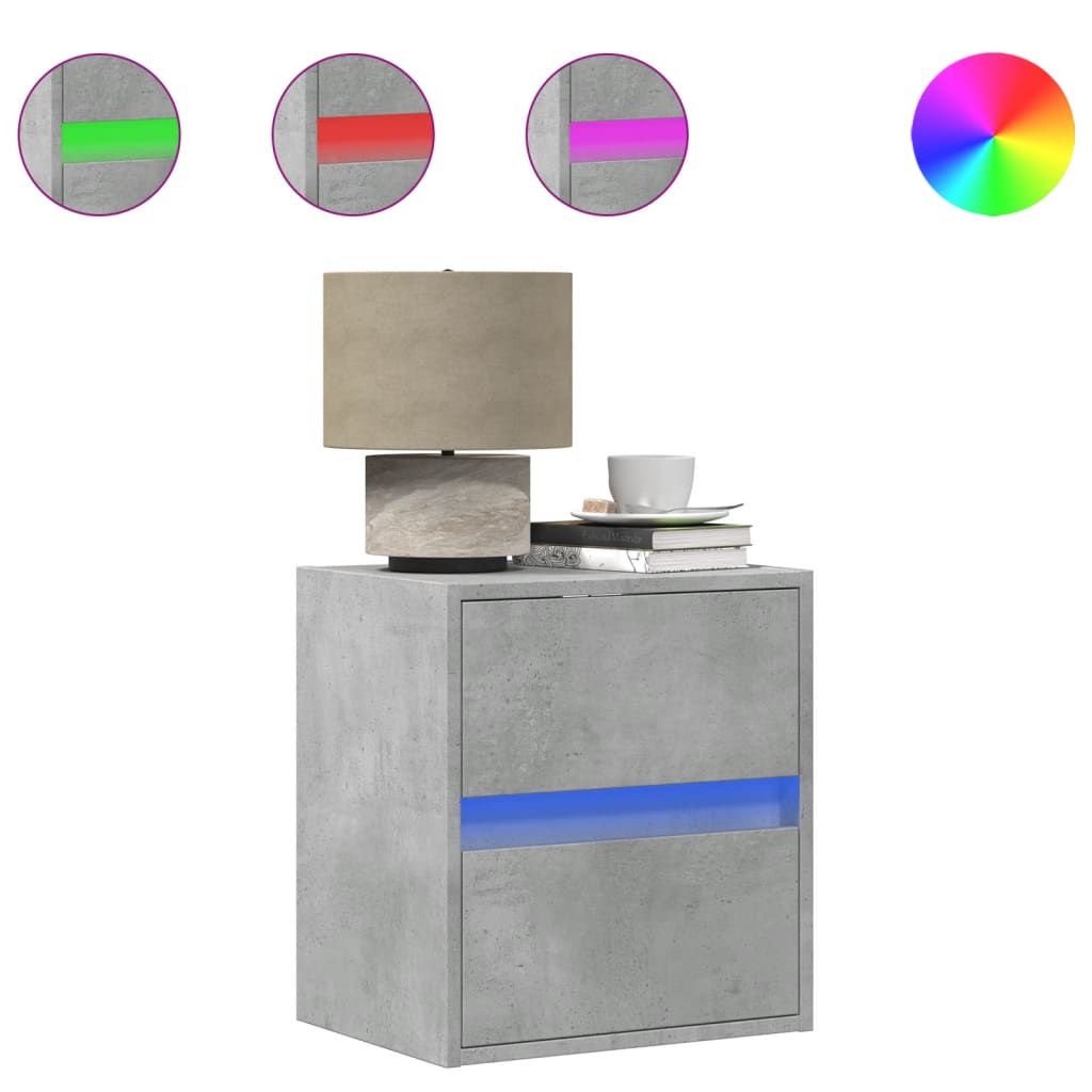 væghængt sengebord med LED-lys betongrå