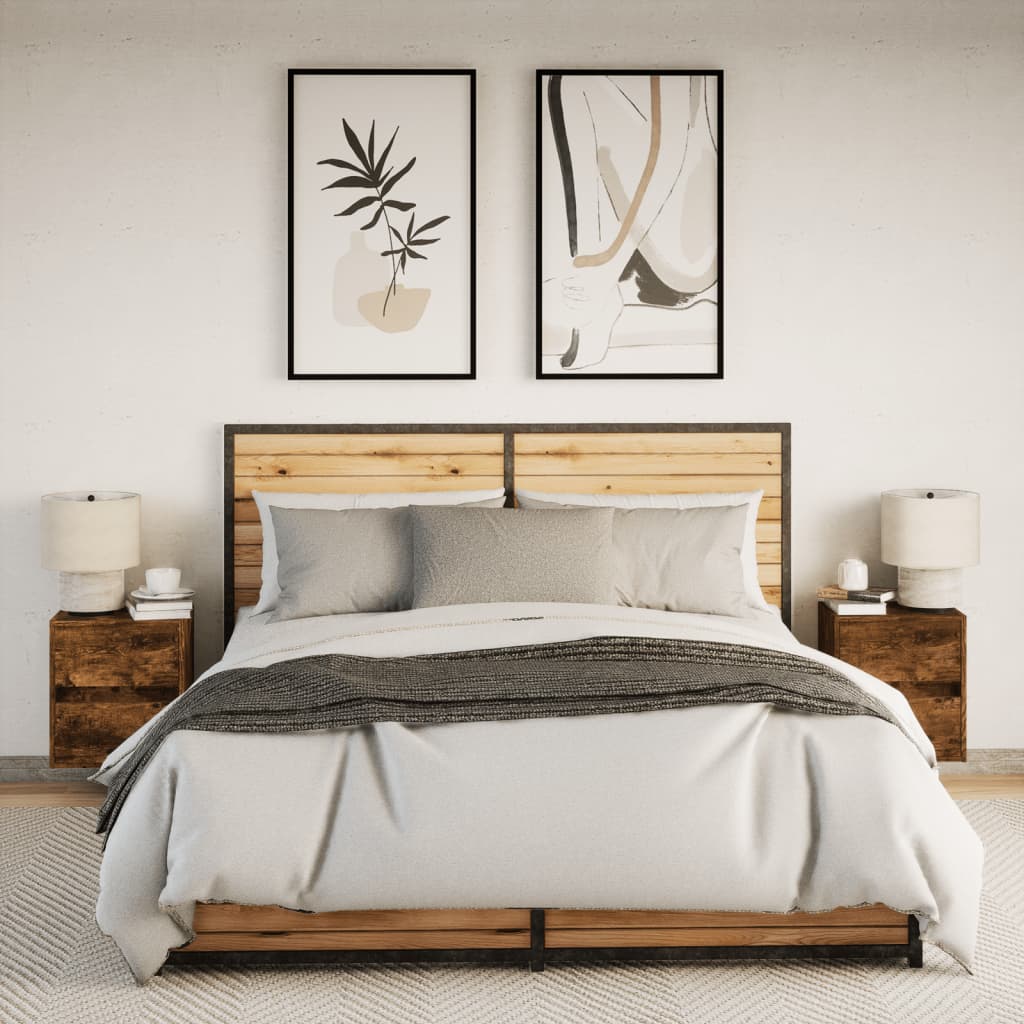 væghængte sengeborde 2 stk. med LED-lys røget egetræsfarve