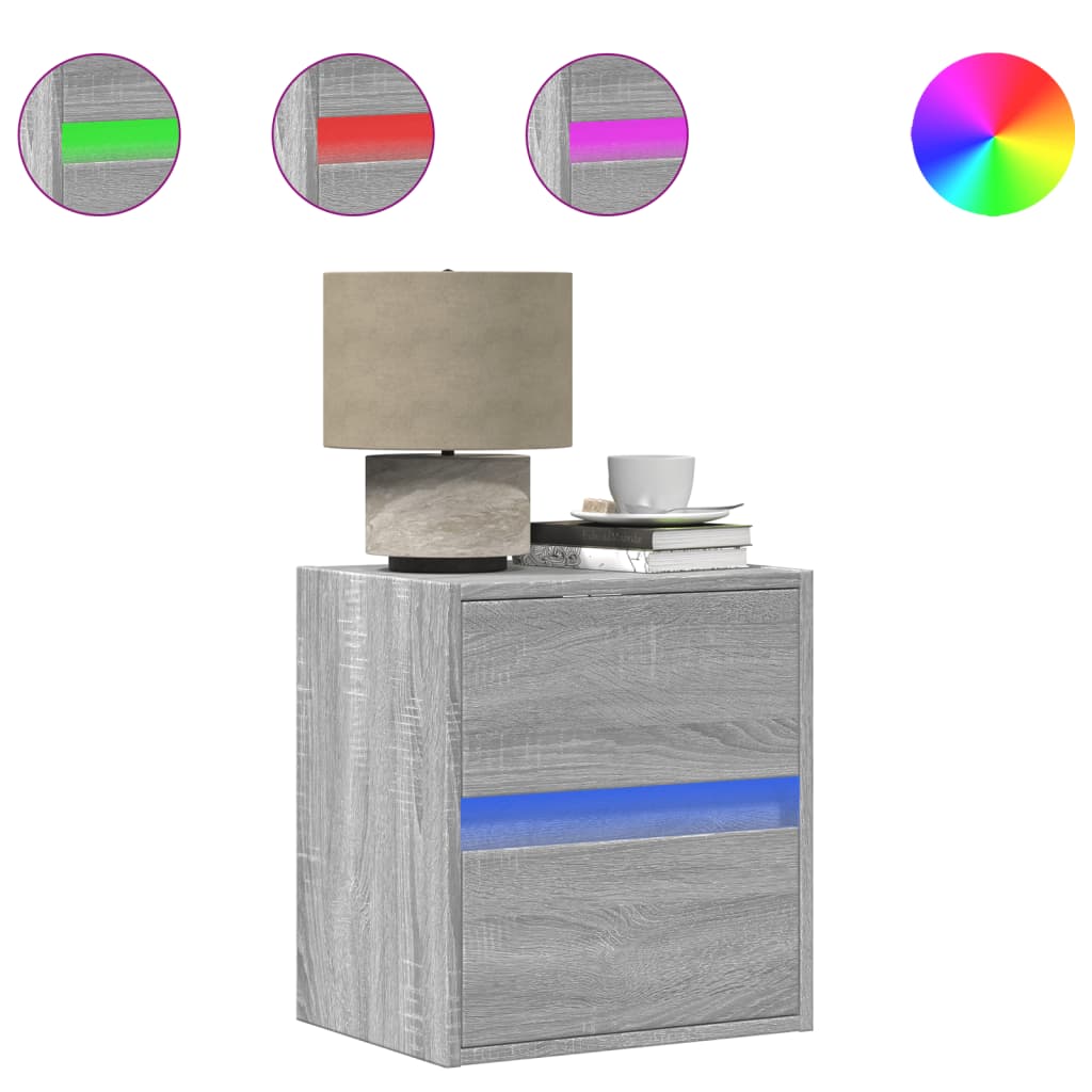 væghængt sengebord med LED-lys grå sonoma-eg