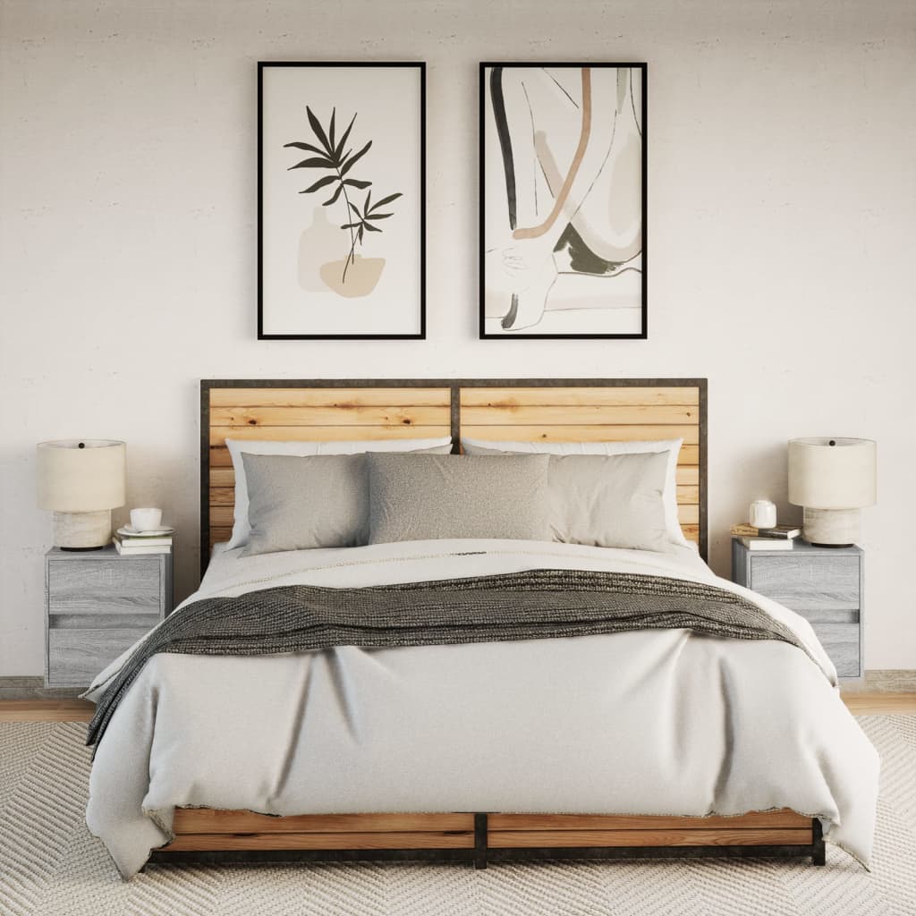 væghængte sengeborde 2 stk. med LED-lys grå sonoma-eg