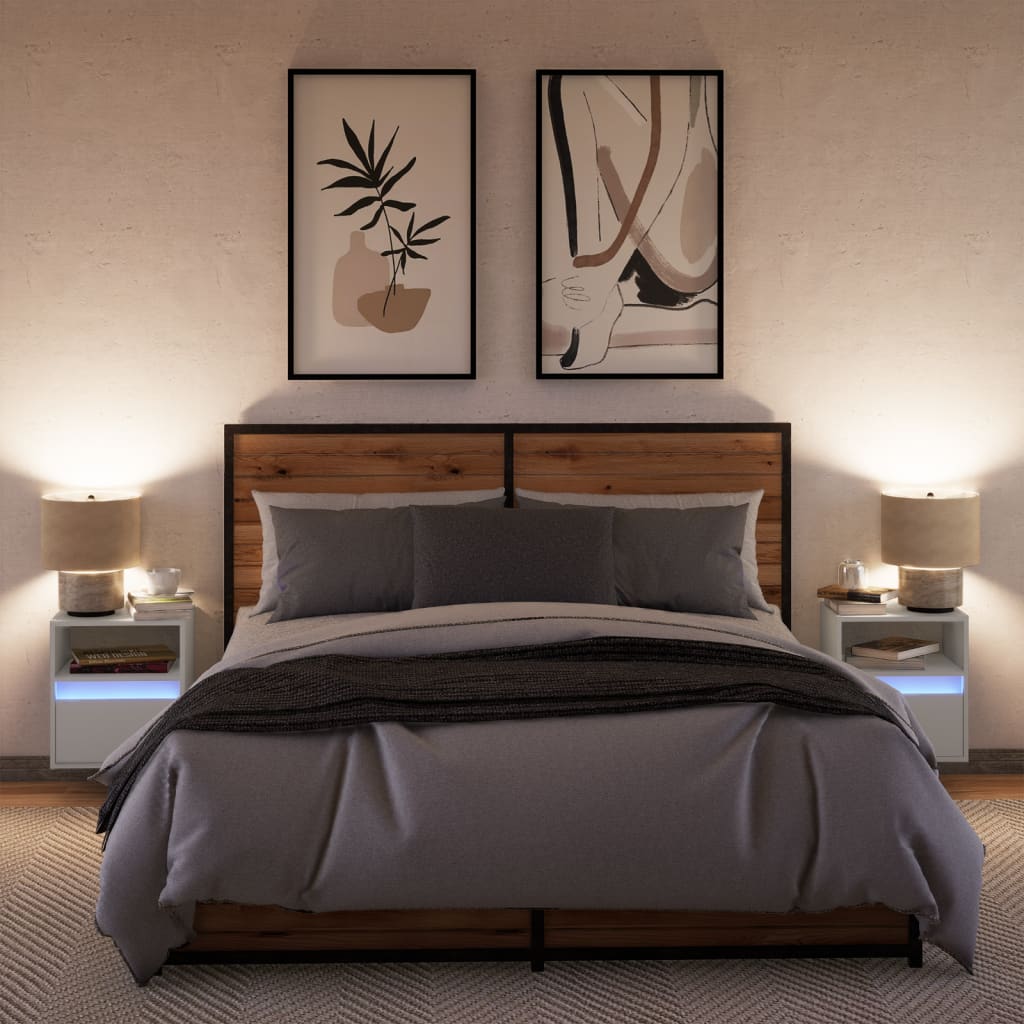 væghængte sengeborde 2 stk. med LED-lys hvid