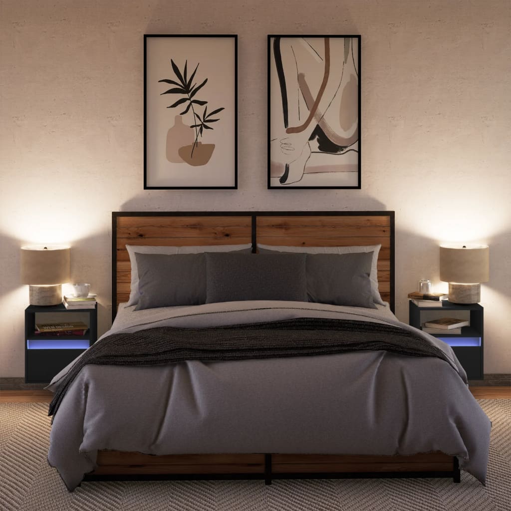 væghængte sengeborde 2 stk. med LED-lys sort