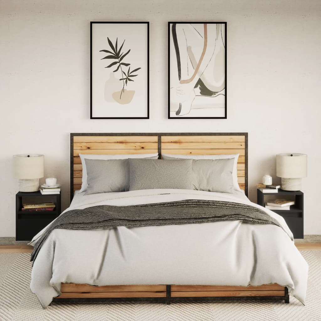 væghængte sengeborde 2 stk. med LED-lys sort