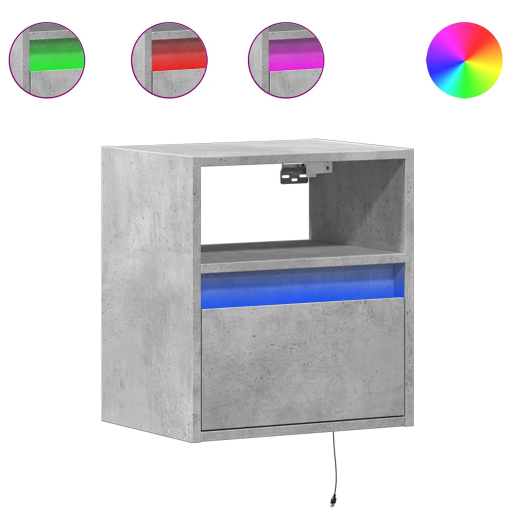 væghængte sengeborde 2 stk. med LED-lys betongrå