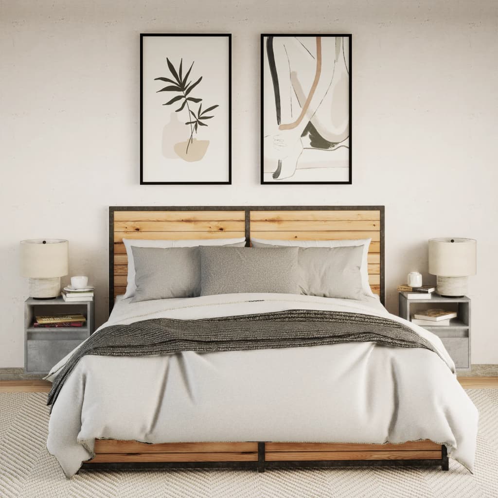 væghængte sengeborde 2 stk. med LED-lys betongrå