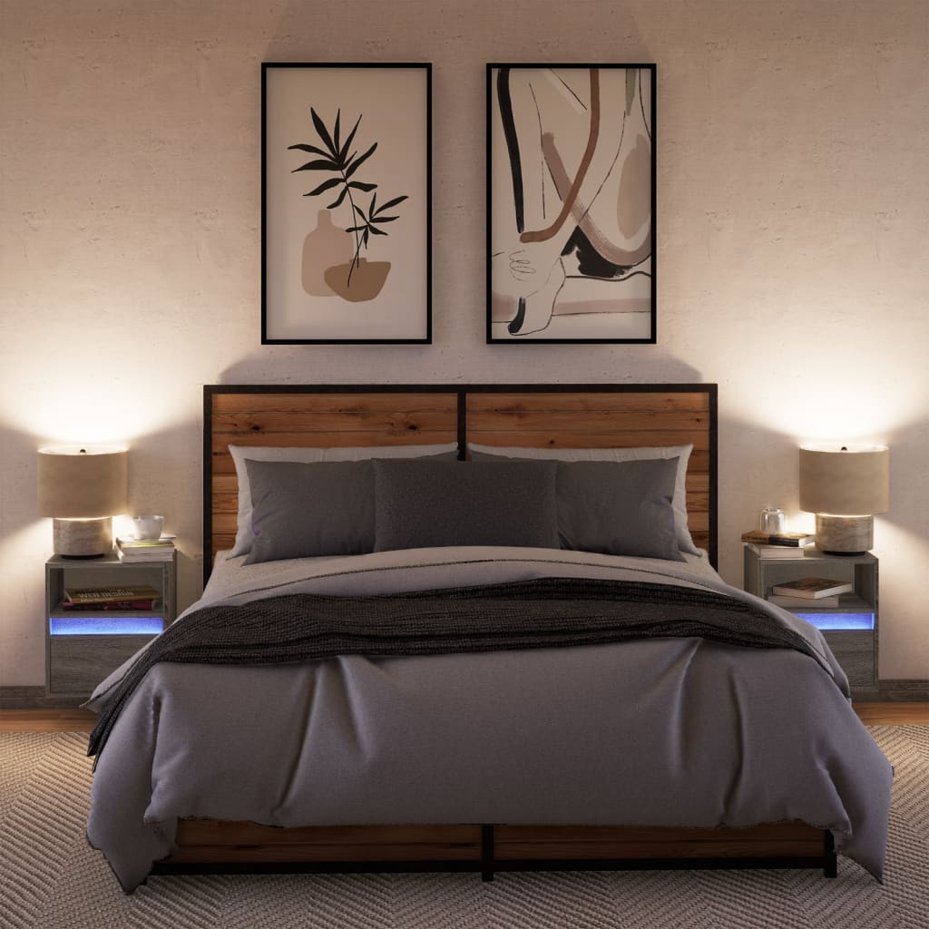 væghængte sengeborde 2 stk. med LED-lys grå sonoma-eg