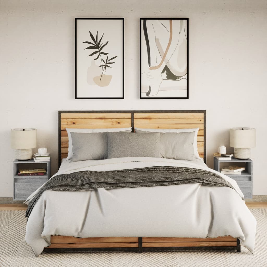 væghængte sengeborde 2 stk. med LED-lys grå sonoma-eg