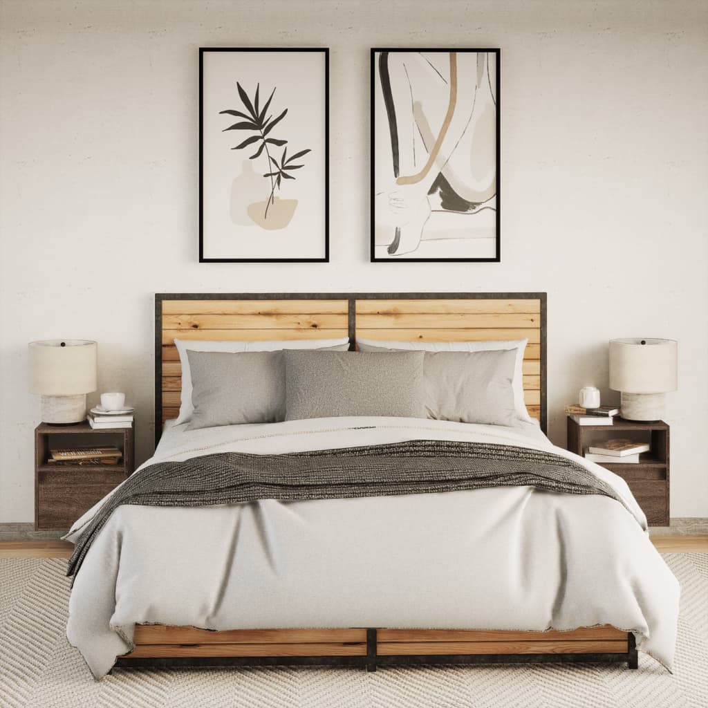 væghængte sengeborde 2 stk. med LED-lys brun egetræsfarve