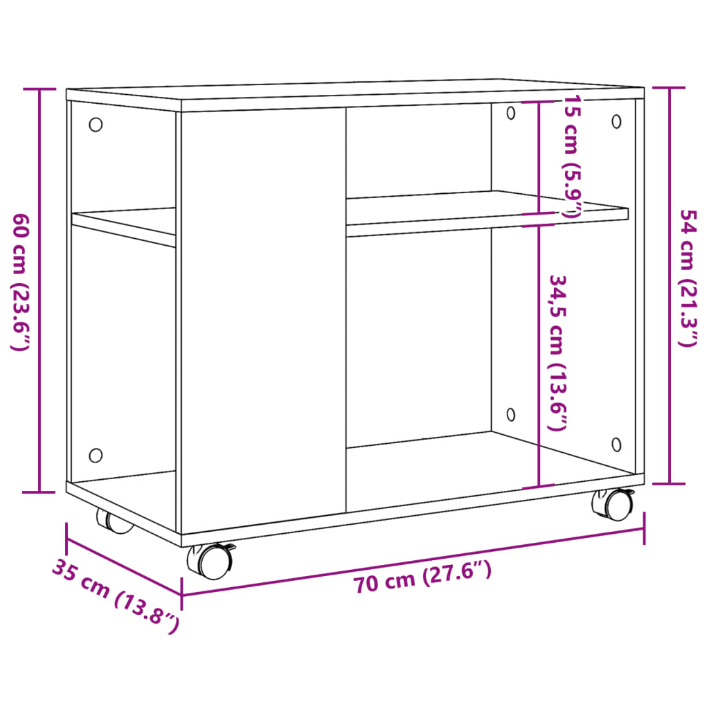 sidebord med hjul 70x35x60 cm konstrueret træ gammelt trælook