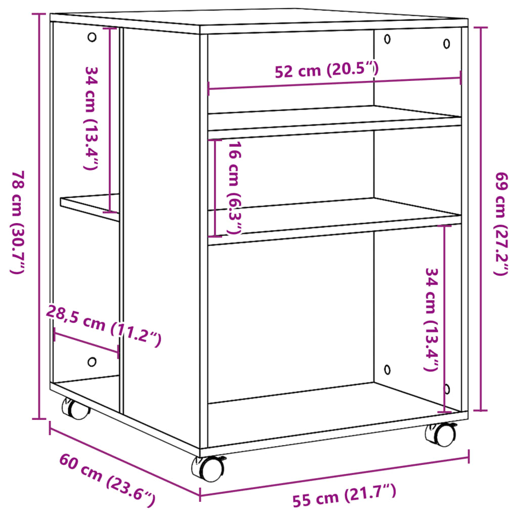 sidebord med hjul 55x60x78 cm konstrueret træ hvid
