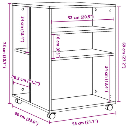 sidebord med hjul 55x60x78 cm konstrueret træ sonoma-eg