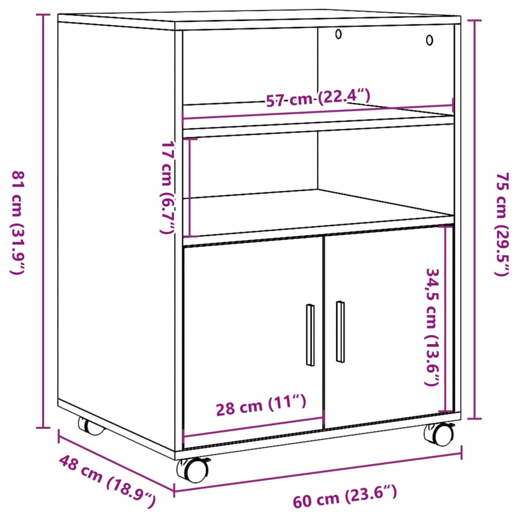 rullebord 60x48x81 cm konstrueret træ betongrå