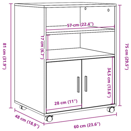 rullebord 60x48x81 cm konstrueret træ brun egetræsfarve