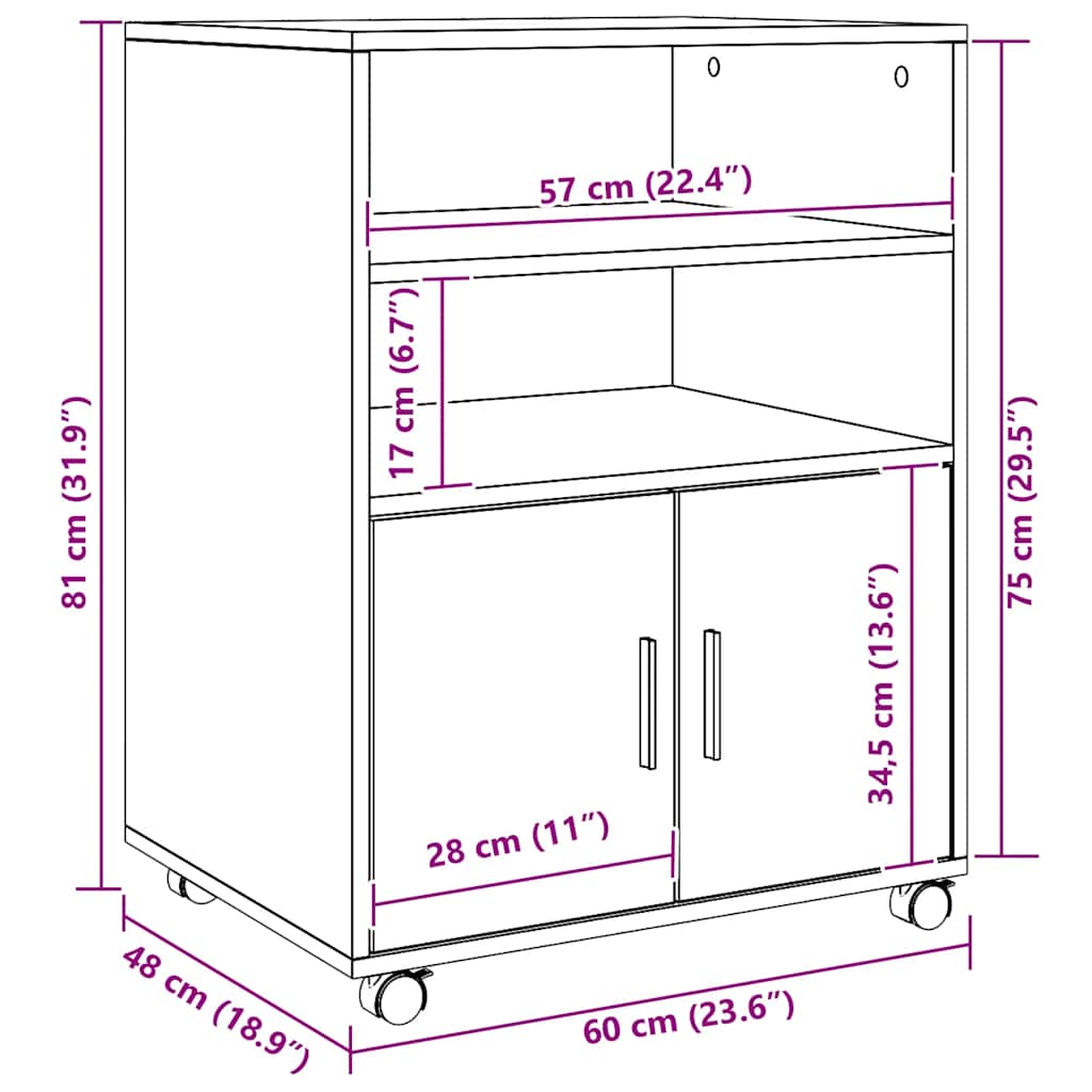 rullebord 60x48x81 cm konstrueret træ egetræsfarve