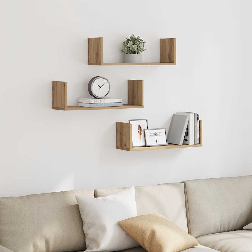 væghylder 3 stk. 58x18x18 cm konstrueret træ egetræsfarve