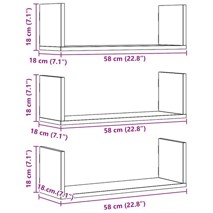 væghylder 3 stk. 58x18x18 cm konstrueret træ egetræsfarve