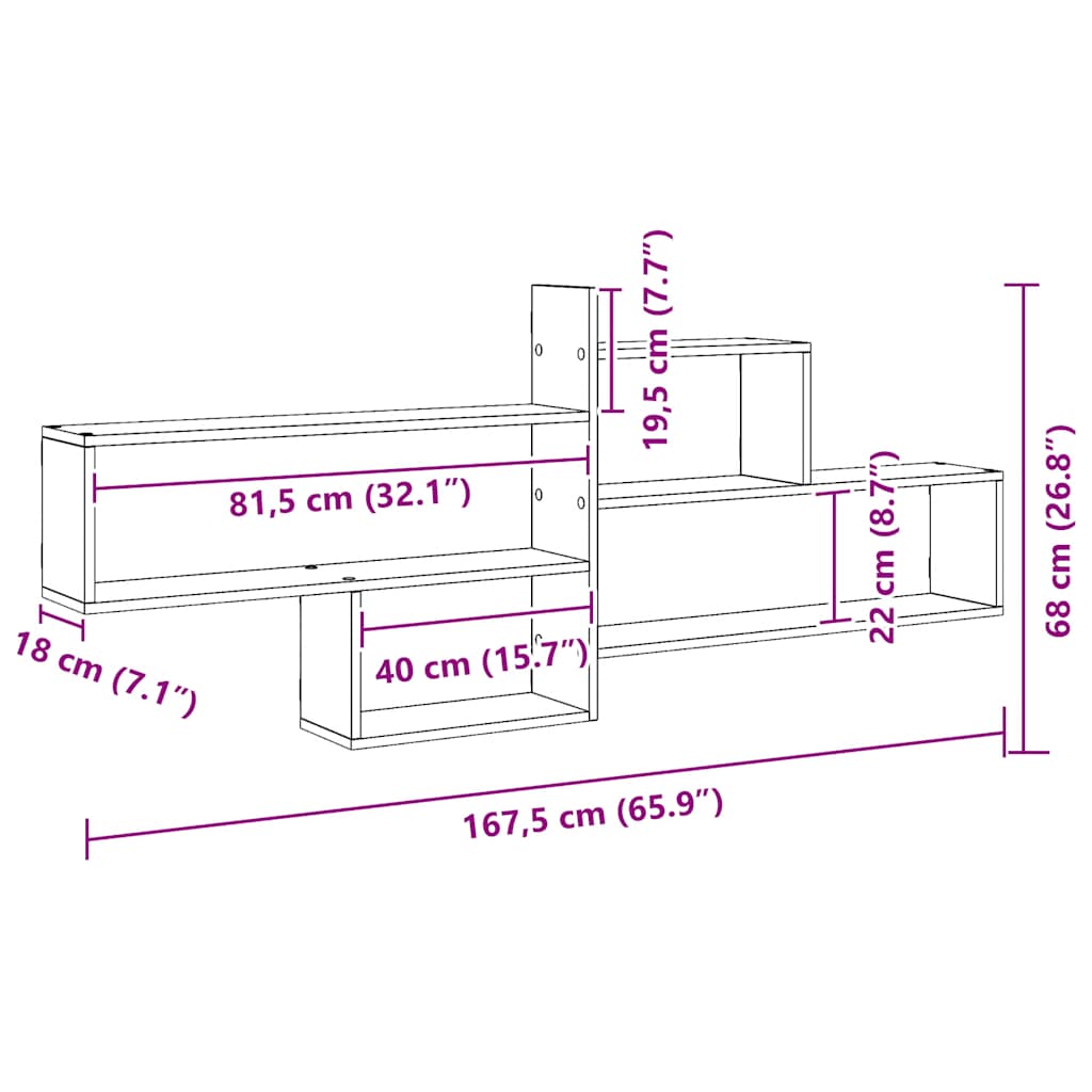væghylde 167,5x18x68 cm konstrueret træ egetræsfarve