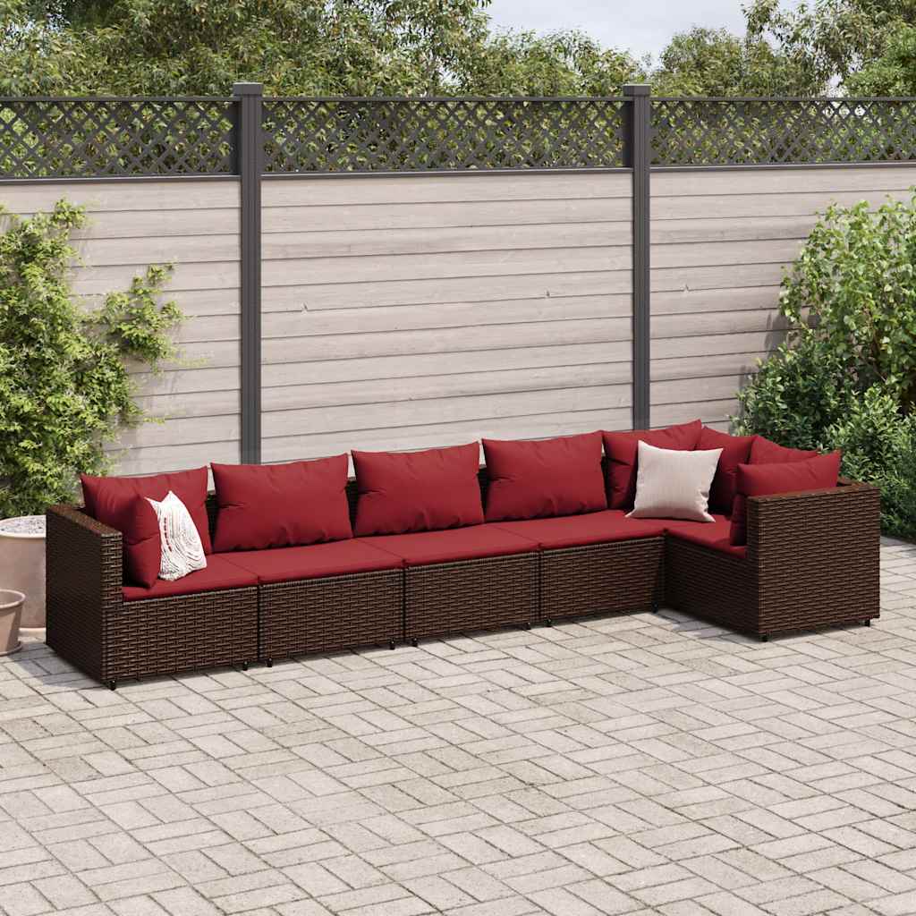 loungesæt til haven 6 dele med hynder polyrattan brun