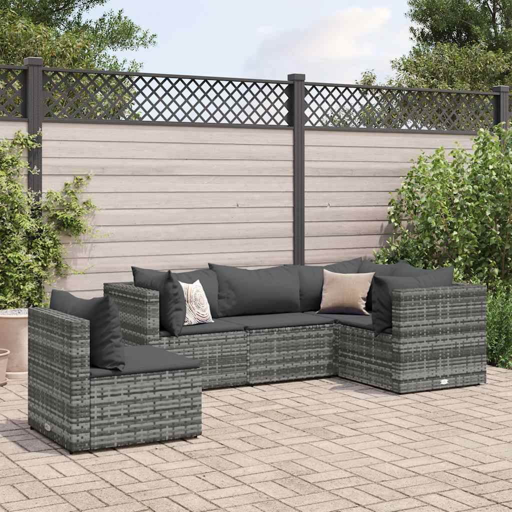 loungesæt til haven 5 dele med hynder polyrattan grå