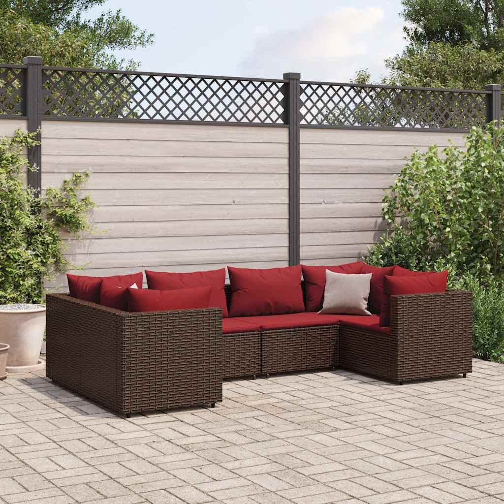 loungesæt til haven 6 dele med hynder polyrattan brun