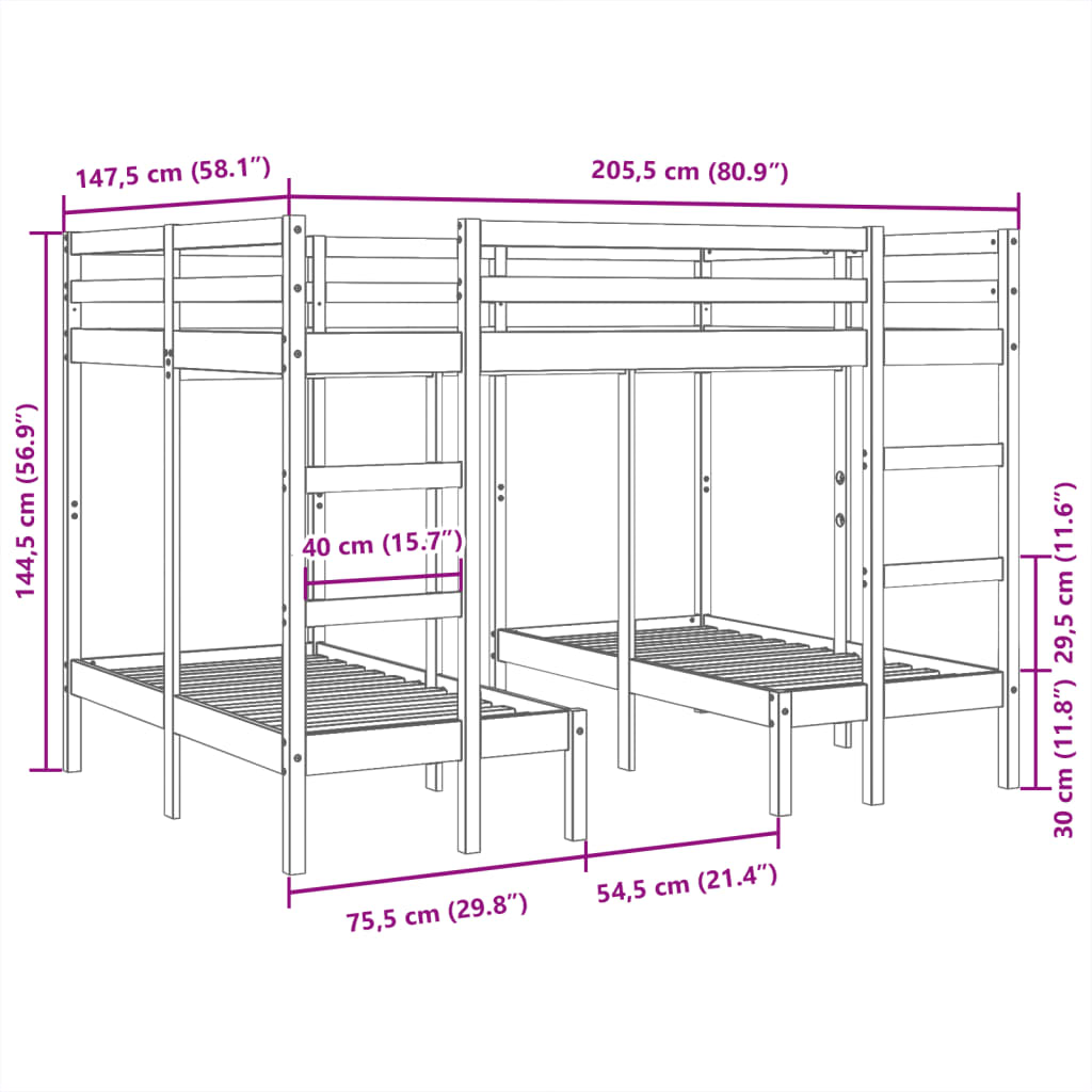 tredobbelt køjeseng 140x200/70x140 cm massivt fyrretræ hvid
