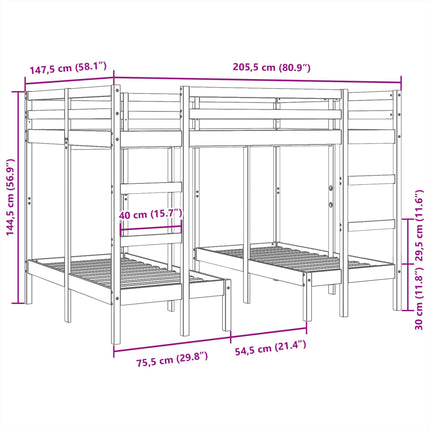 tredobbelt køjeseng 140x200/70x140 cm massivt fyrretræ hvid