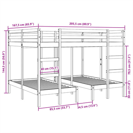tredobbelt køjeseng 160x200/80x160 cm massivt fyrretræ hvid
