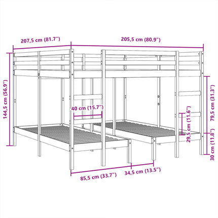 tredobbelt køjeseng 200x200/80x200 cm massivt fyrretræ hvid