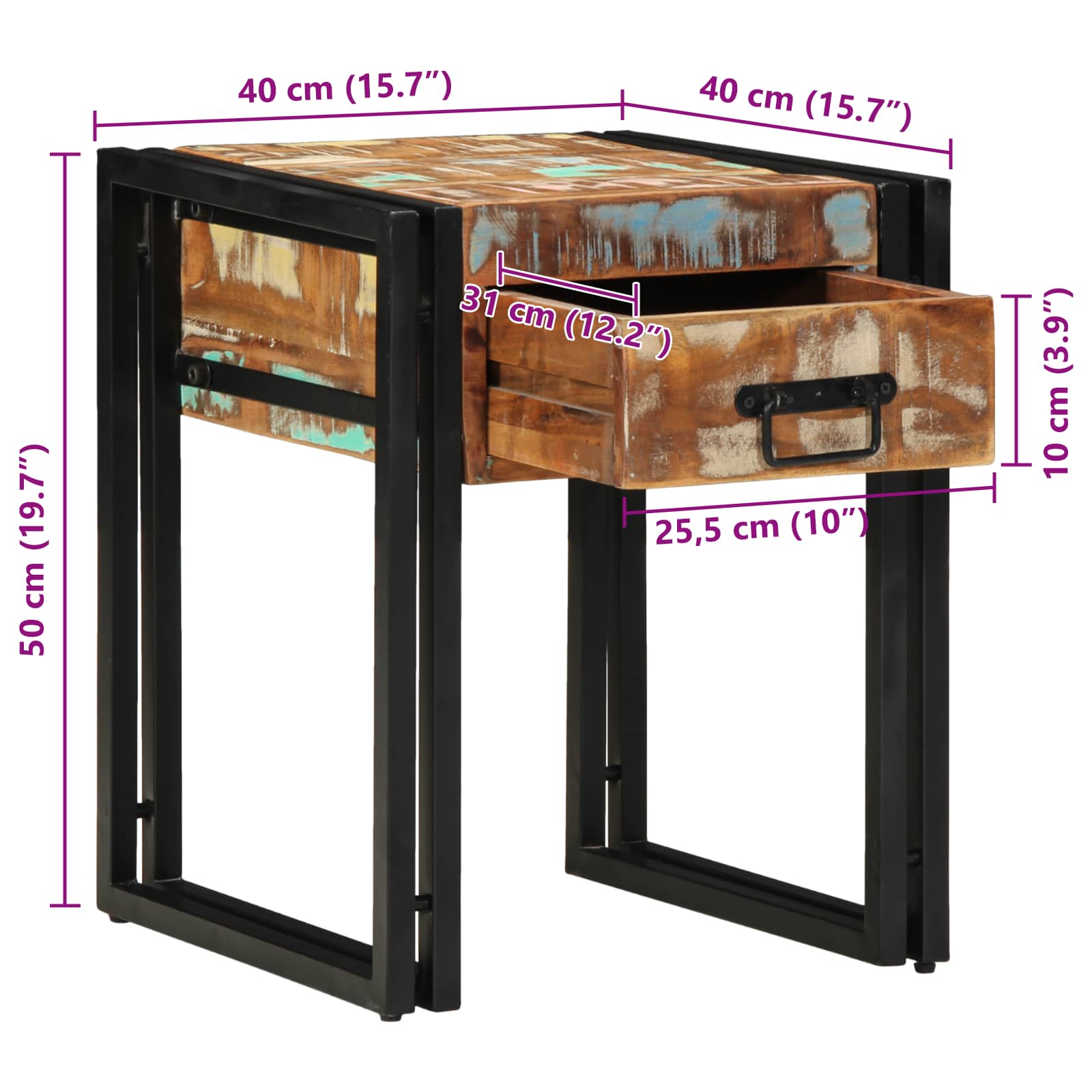 Endebord Mønstret og sort 40 x 40 x 50 cm Solid genbrugs træ