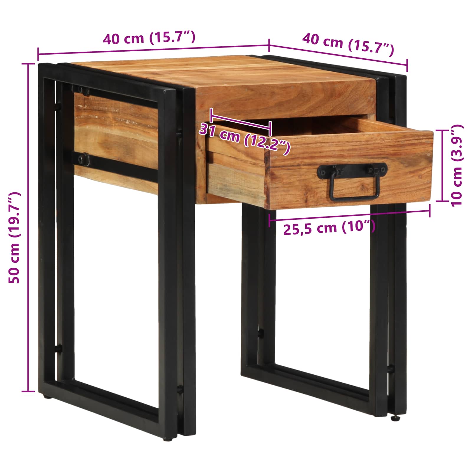 Endebord Brun og sort 40 x 40 x 50 cm Massivt Akacietræ