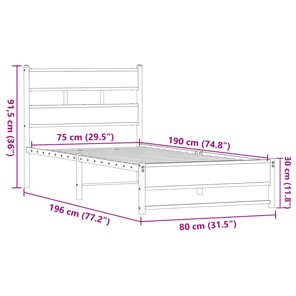 sengeramme 75x190 cm uden madras metal brun egetræsfarve