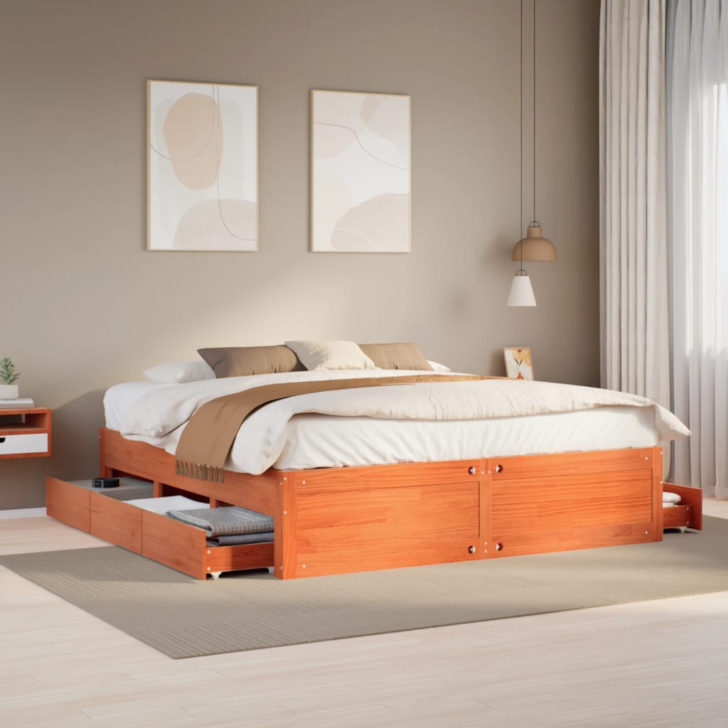 sengeramme m. skuffer 180x200 cm uden madras massivt fyr brun