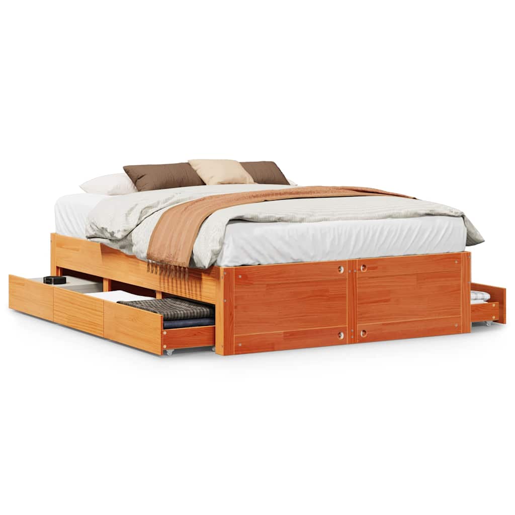 sengeramme m. skuffer 150x200 cm uden madras massivt fyr brun