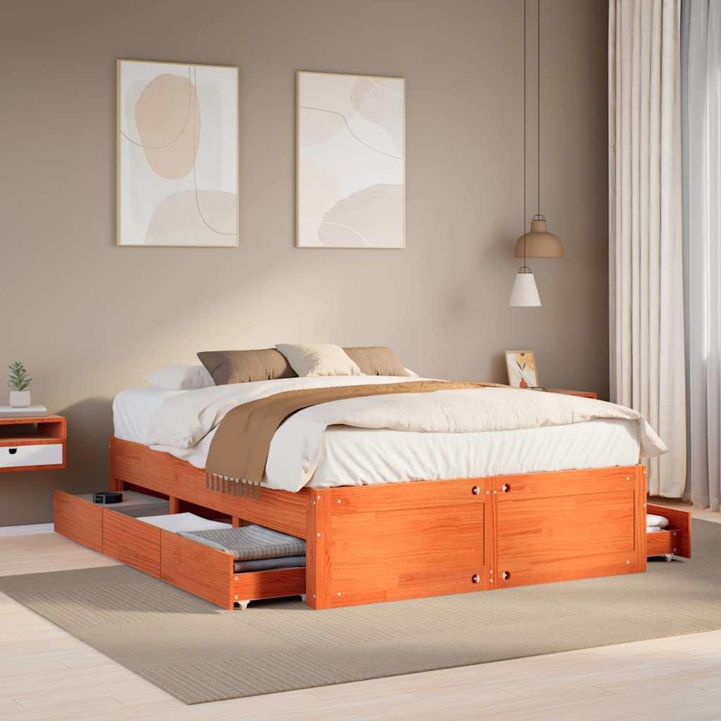 sengeramme m. skuffer 150x200 cm uden madras massivt fyr brun
