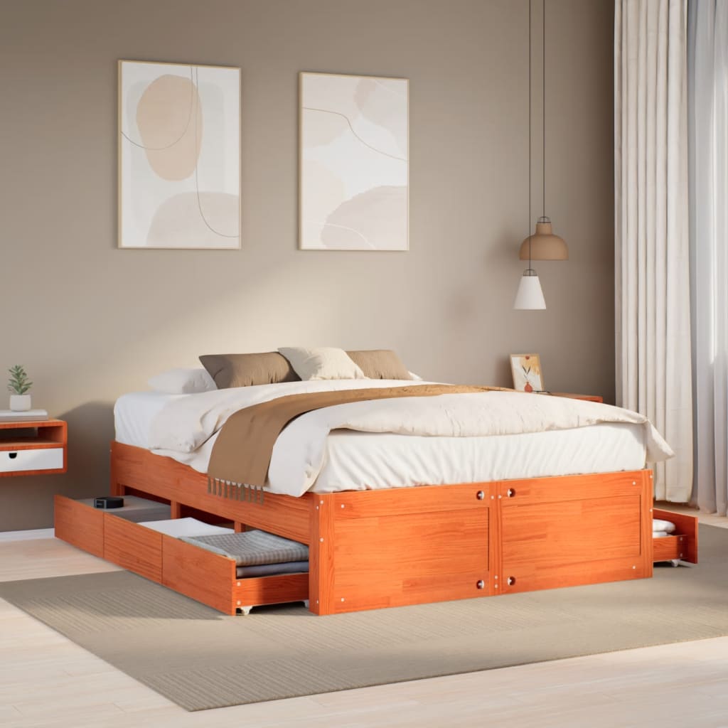 sengeramme m. skuffer 140x190 cm uden madras massivt fyr brun