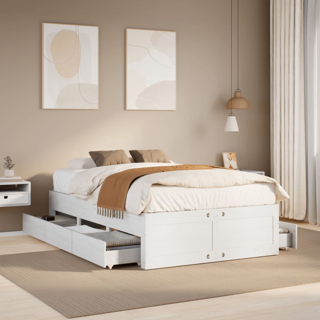 sengeramme m. skuffer 135x190 cm uden madras massivt fyr hvid