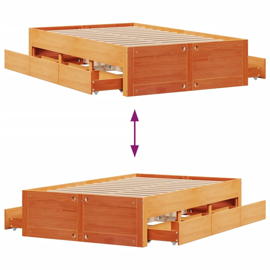 sengeramme m. skuffer 135x190 cm uden madras massivt fyr brun
