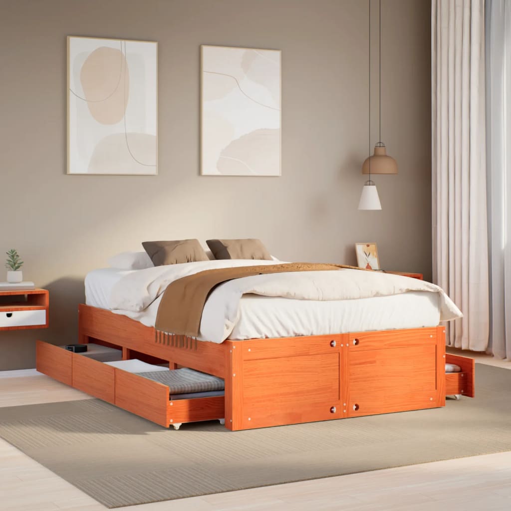 sengeramme m. skuffer 135x190 cm uden madras massivt fyr brun