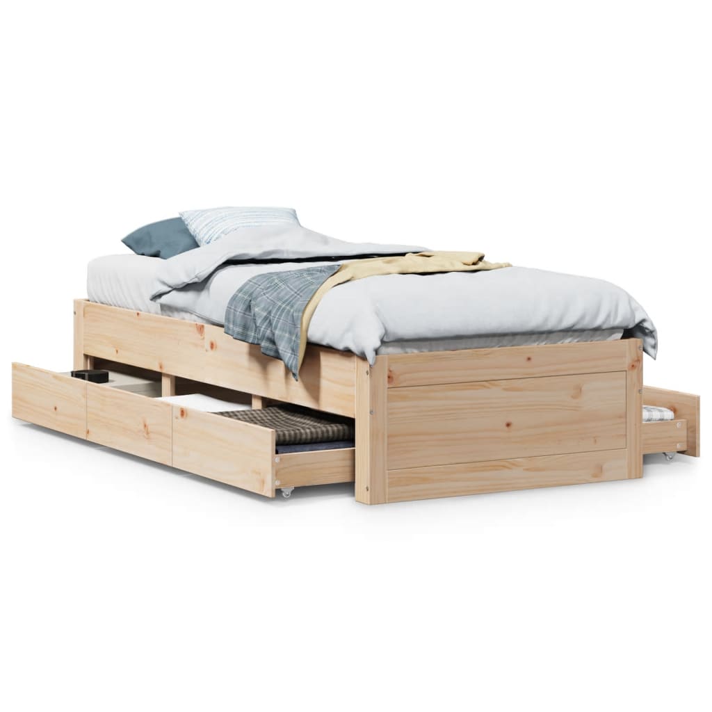 sengeramme uden madras med skuffer 75x190 cm massivt fyrretræ