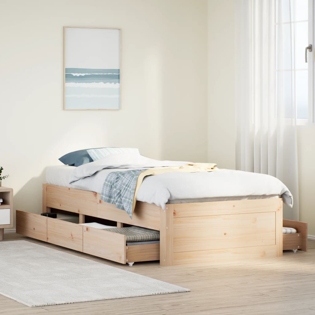 sengeramme uden madras med skuffer 75x190 cm massivt fyrretræ