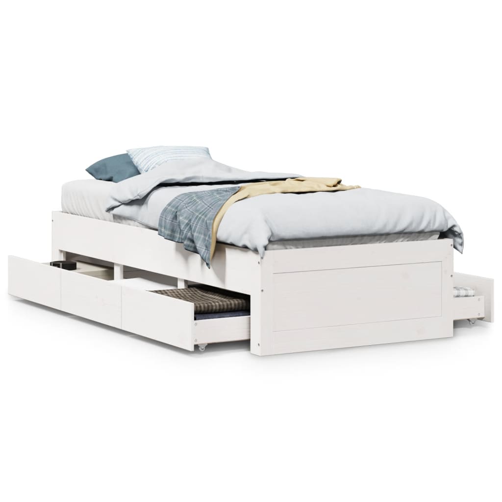 sengeramme m. skuffer 75x190 cm uden madras massivt fyr hvid