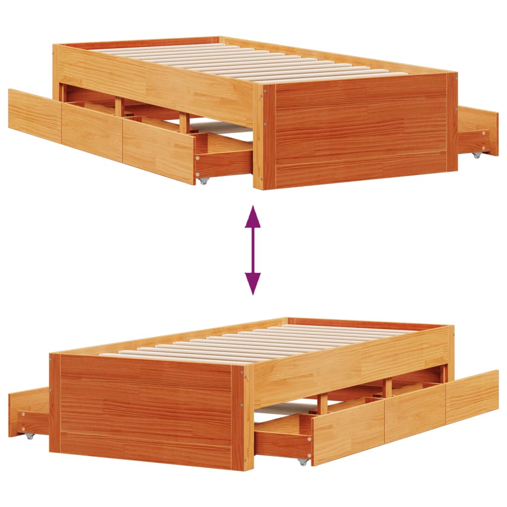sengeramme m. skuffer 75x190 cm uden madras massivt fyr brun