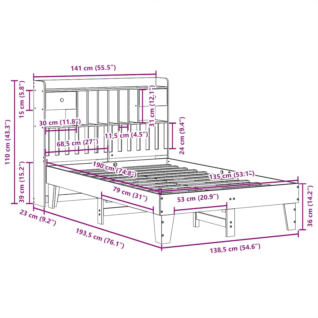 sengeramme uden madras 135x190 cm massivt fyrretræ hvid