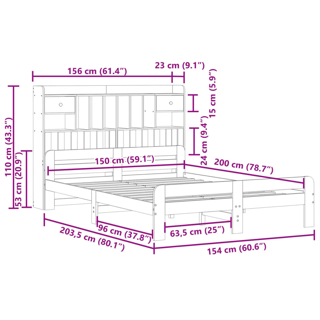 seng med reol uden madras 150x200 cm massivt fyrretræ hvid