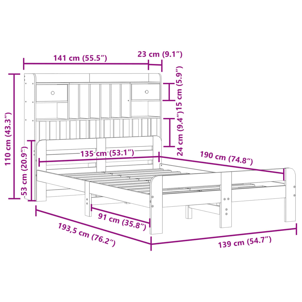 seng med reol uden madras 135x190 cm massivt fyrretræ hvid