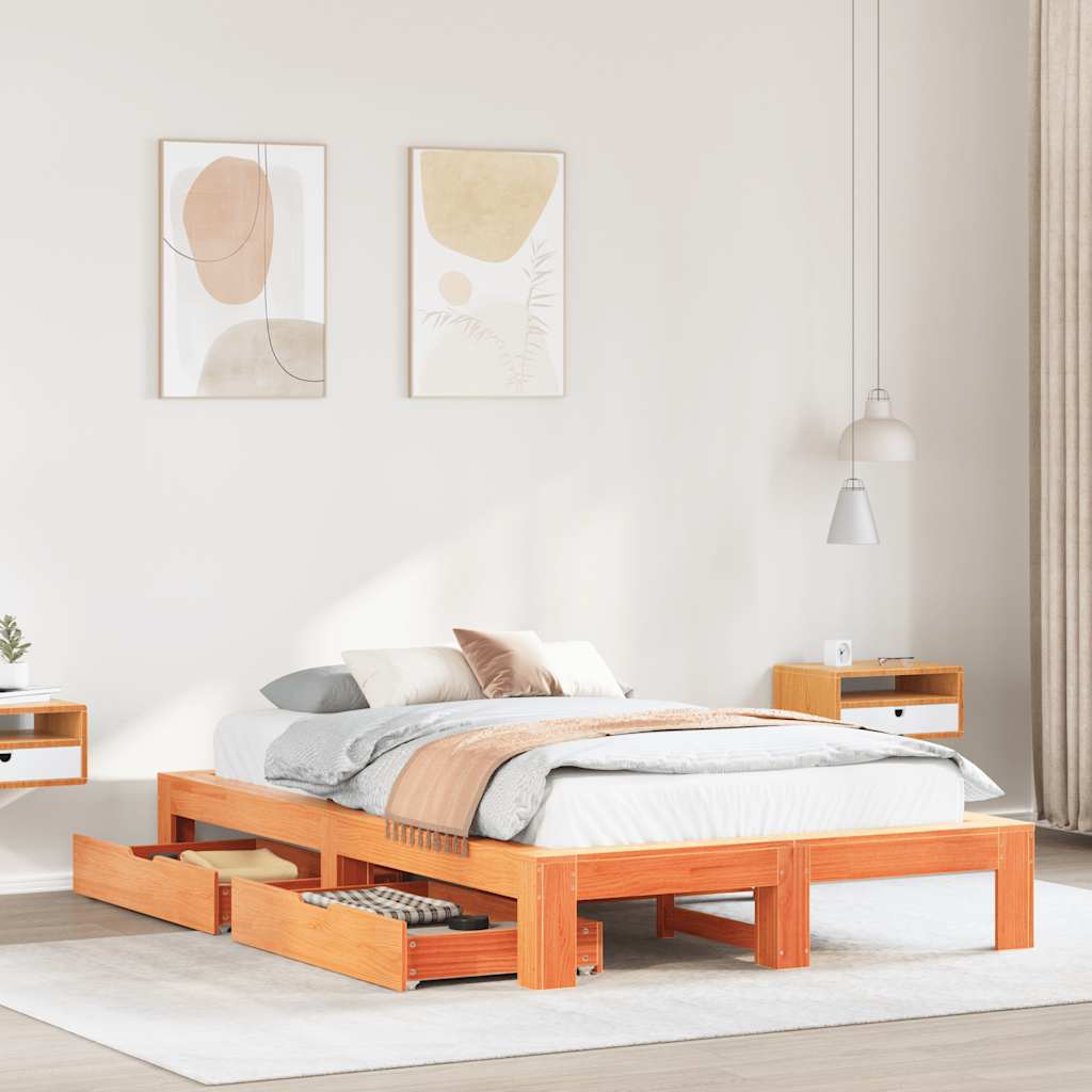 sengeramme uden madras 135x190 cm massivt fyrretræ brun