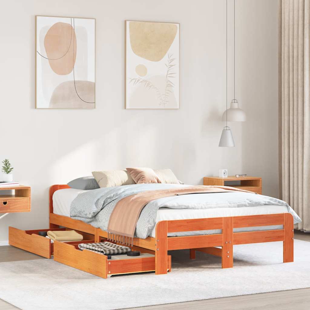 sengeramme uden madras 135x190 cm massivt fyrretræ brun